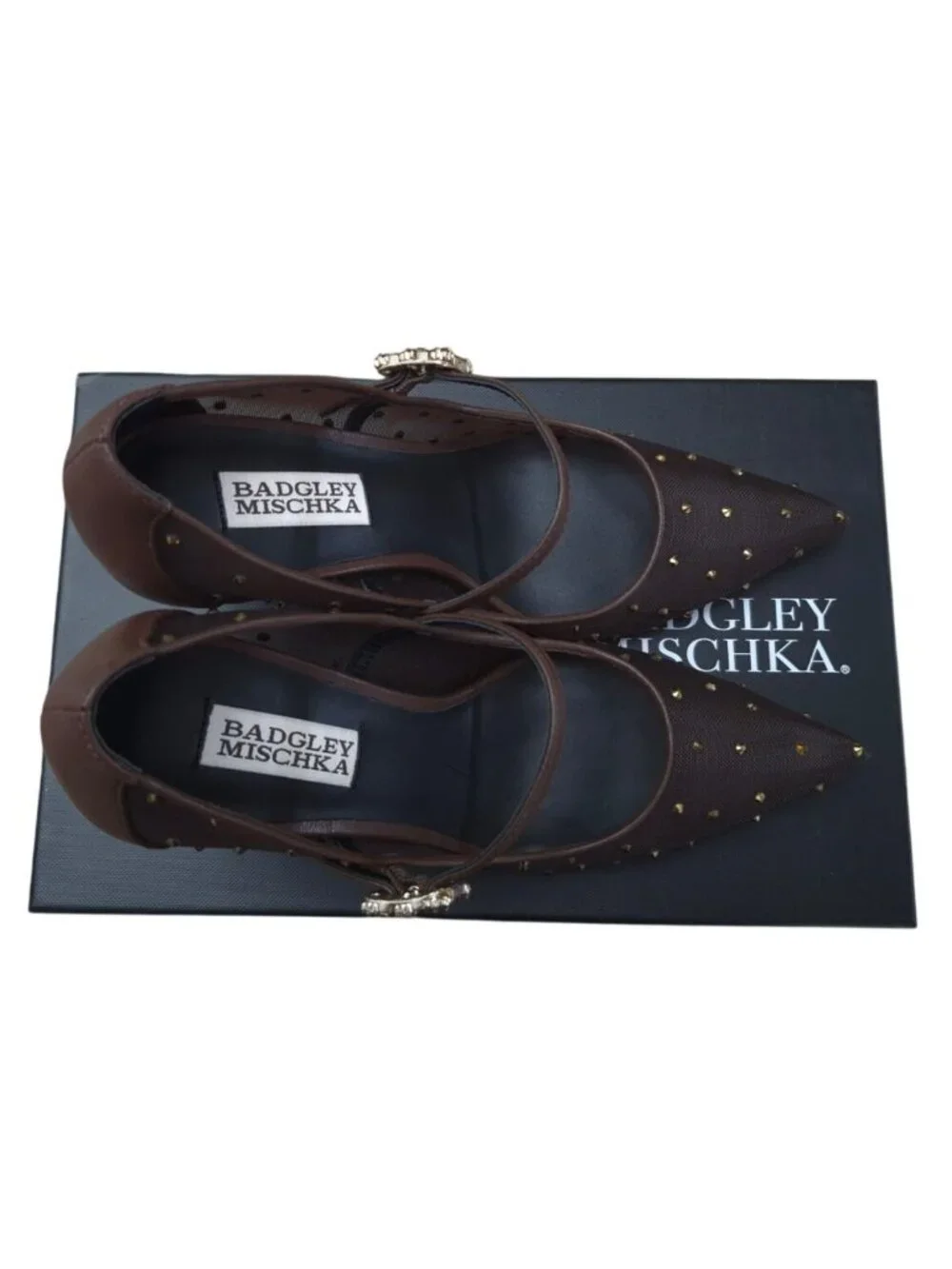 Badgley Mischka Womens Brown Mesh Studded Pumps Size 6 Mary Jane New Box.
